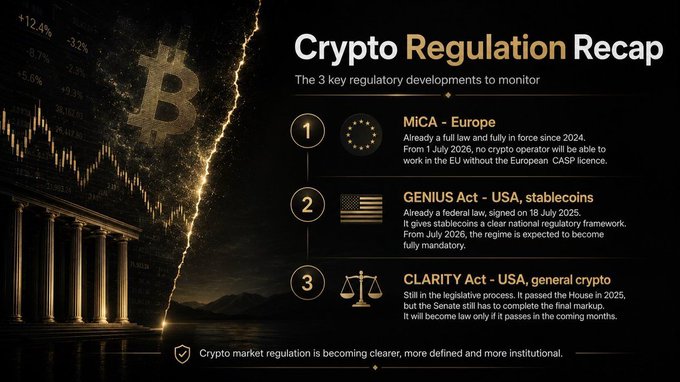 Crypto regulation recap covering MiCA, the GENIUS Act and the CLARITY Act