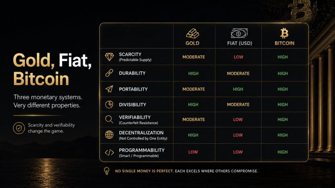 Comparison of gold, fiat currencies, and Bitcoin